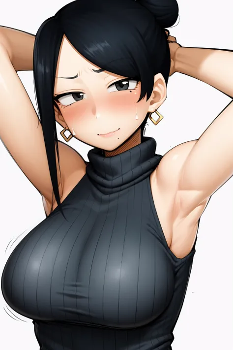 masterpiece, best quality, 1girl, takizawa, solo, black eyes, black hair,  single hair bun, blush, upper body, armpits, arms behind head, arms up,  breasts, earrings,  looking at viewer, mature female,  mole under mouth,  sleeveless,  sweatdrop, sweater, turtleneck,  white background <lora:Takizawa:1>