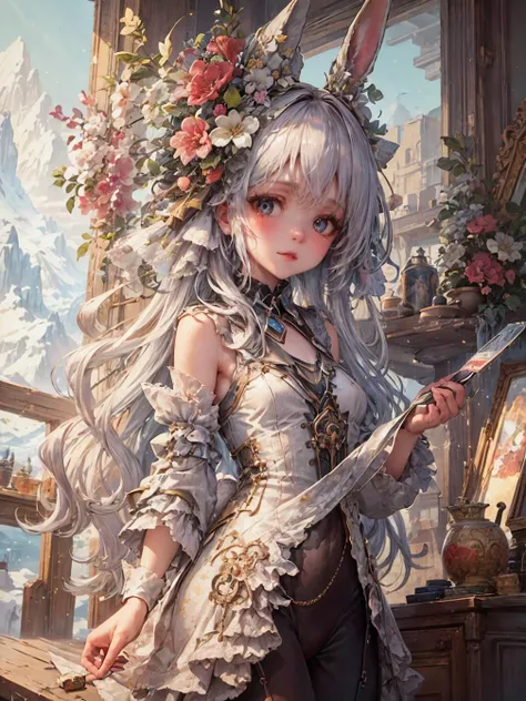 DayGlo details, 8K, (flat color:0.9) , (colorful:1.1) , (masterpiece:1,2) , best quality, masterpiece, highres, original, extremely detailed wallpaper, looking at viewer, 1girl, solo, Bunny Girl, Portrait, the white rabbit personified, from inside of a Antarctic, RTX, UHD, adobe lightroom, arcane, hyperdetailed, Darkcore