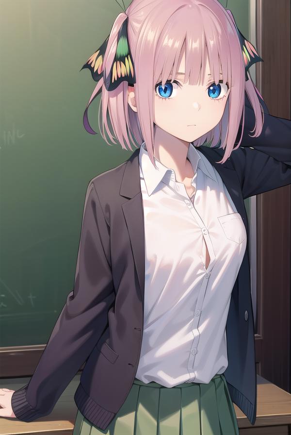 Anime girl with pink hair and blue eyes standing in front of a ...
