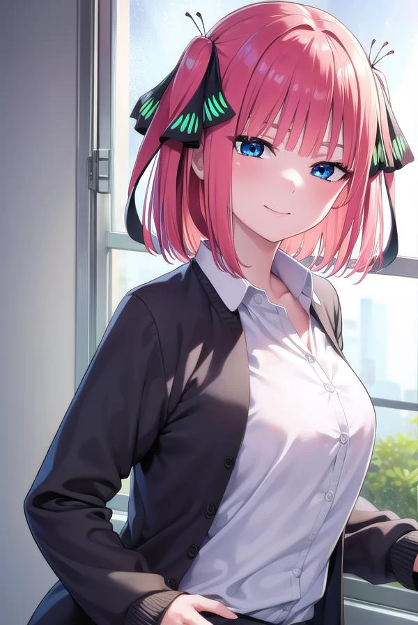 ninonakano, <lyco:ninonakano-lyco-nochekaiser:1>,
nino nakano, short hair, bangs, blue eyes, hair ornament, hair ribbon, pink hair, blunt bangs, two side up, butterfly hair ornament, <lora:sensualface_type1:1>, smile,
BREAK skirt, shirt, long sleeves, white shirt, pleated skirt, open clothes, collared shirt, sleeves past wrists, dress shirt, cardigan, green skirt, open cardigan, black cardigan,
BREAK looking at viewer,
BREAK indoors, classroom, school,
BREAK <lyco:GoodHands-beta2:1>, (masterpiece:1.2), best quality, high resolution, unity 8k wallpaper, (illustration:0.8), (beautiful detailed eyes:1.6), extremely detailed face, perfect lighting, extremely detailed CG, (perfect hands, perfect anatomy),