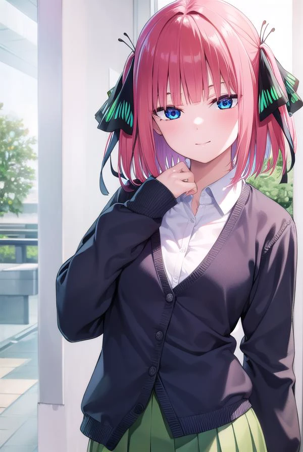 ninonakano, <lyco:ninonakano-lyco-nochekaiser:1>,
nino nakano, short hair, bangs, blue eyes, hair ornament, hair ribbon, pink hair, blunt bangs, two side up, butterfly hair ornament, <lora:sensualface_type1:1>, smile,
BREAK skirt, shirt, long sleeves, white shirt, pleated skirt, open clothes, collared shirt, sleeves past wrists, dress shirt, cardigan, green skirt, open cardigan, black cardigan,
BREAK looking at viewer,
BREAK indoors, classroom, school,
BREAK <lyco:GoodHands-beta2:1>, (masterpiece:1.2), best quality, high resolution, unity 8k wallpaper, (illustration:0.8), (beautiful detailed eyes:1.6), extremely detailed face, perfect lighting, extremely detailed CG, (perfect hands, perfect anatomy),