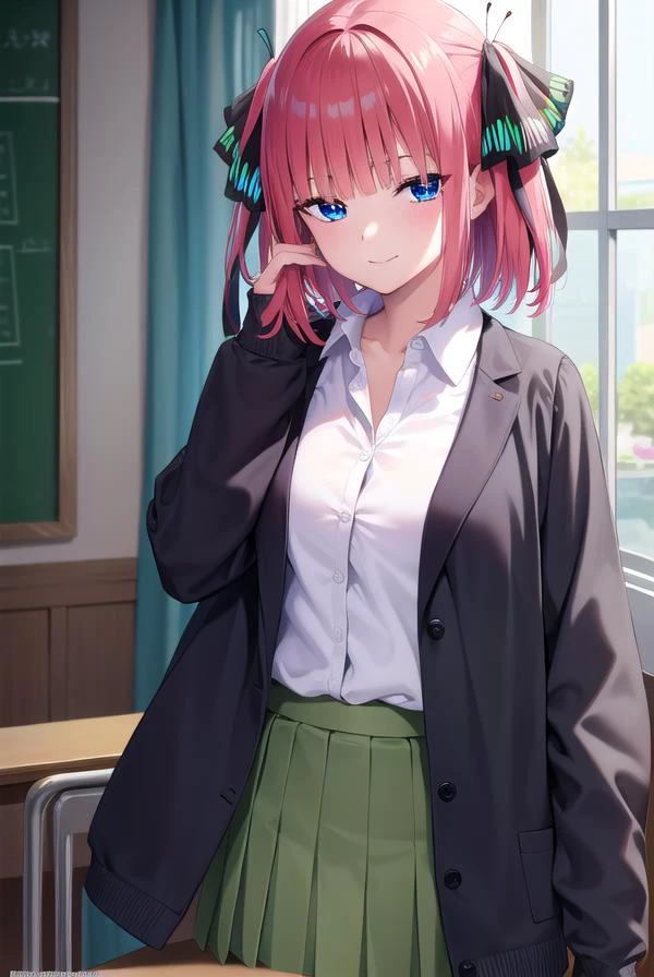 ninonakano, <lyco:ninonakano-lyco-nochekaiser:1>,
nino nakano, short hair, bangs, blue eyes, hair ornament, hair ribbon, pink hair, blunt bangs, two side up, butterfly hair ornament, <lora:sensualface_type1:1>, smile,
BREAK skirt, shirt, long sleeves, white shirt, pleated skirt, open clothes, collared shirt, sleeves past wrists, dress shirt, cardigan, green skirt, open cardigan, black cardigan,
BREAK looking at viewer,
BREAK indoors, classroom, school,
BREAK <lyco:GoodHands-beta2:1>, (masterpiece:1.2), best quality, high resolution, unity 8k wallpaper, (illustration:0.8), (beautiful detailed eyes:1.6), extremely detailed face, perfect lighting, extremely detailed CG, (perfect hands, perfect anatomy),