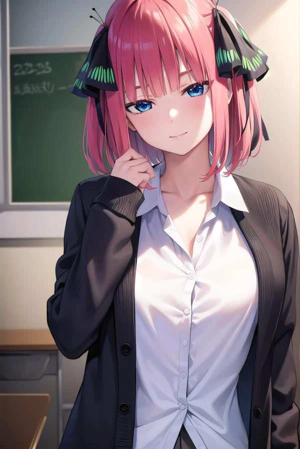 ninonakano, <lyco:ninonakano-lyco-nochekaiser:1>,
nino nakano, short hair, bangs, blue eyes, hair ornament, hair ribbon, pink hair, blunt bangs, two side up, butterfly hair ornament, <lora:sensualface_type1:1>, smile,
BREAK skirt, shirt, long sleeves, white shirt, pleated skirt, open clothes, collared shirt, sleeves past wrists, dress shirt, cardigan, green skirt, open cardigan, black cardigan,
BREAK looking at viewer,
BREAK indoors, classroom, school,
BREAK <lyco:GoodHands-beta2:1>, (masterpiece:1.2), best quality, high resolution, unity 8k wallpaper, (illustration:0.8), (beautiful detailed eyes:1.6), extremely detailed face, perfect lighting, extremely detailed CG, (perfect hands, perfect anatomy),