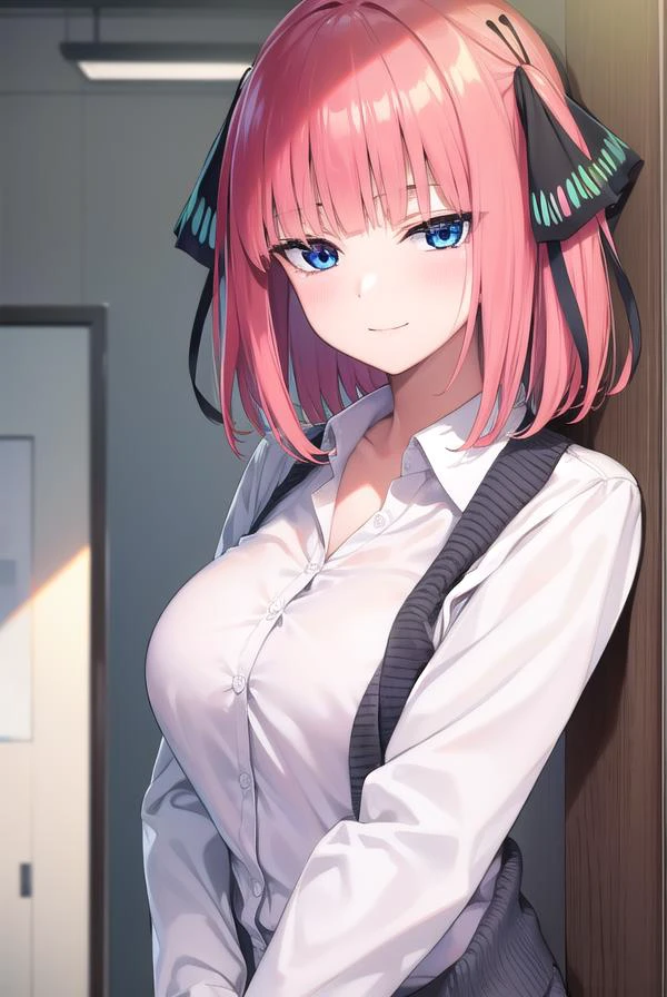 ninonakano, <lyco:ninonakano-lyco-nochekaiser:1>,
nino nakano, short hair, bangs, blue eyes, hair ornament, hair ribbon, pink hair, blunt bangs, two side up, butterfly hair ornament, <lora:sensualface_type1:1>, smile,
BREAK skirt, shirt, long sleeves, white shirt, pleated skirt, open clothes, collared shirt, sleeves past wrists, dress shirt, cardigan, green skirt, open cardigan, black cardigan,
BREAK looking at viewer,
BREAK indoors, classroom, school,
BREAK <lyco:GoodHands-beta2:1>, (masterpiece:1.2), best quality, high resolution, unity 8k wallpaper, (illustration:0.8), (beautiful detailed eyes:1.6), extremely detailed face, perfect lighting, extremely detailed CG, (perfect hands, perfect anatomy),
