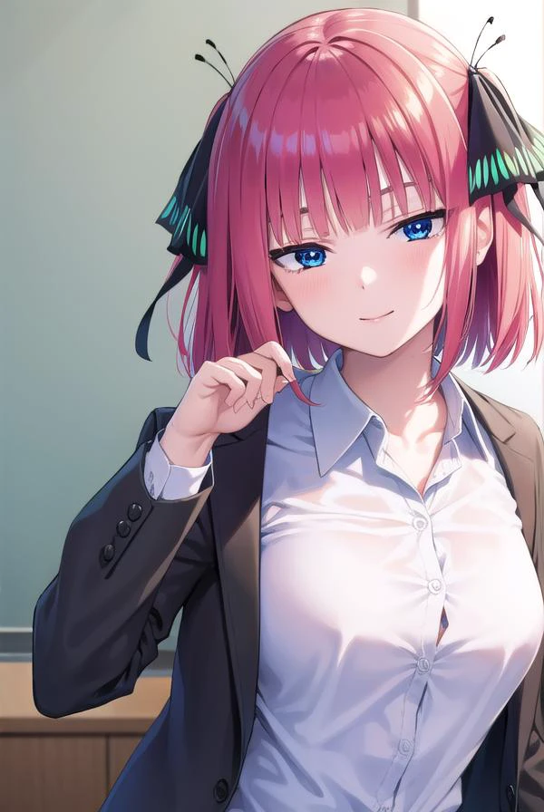 ninonakano, <lyco:ninonakano-lyco-nochekaiser:1>,
nino nakano, short hair, bangs, blue eyes, hair ornament, hair ribbon, pink hair, blunt bangs, two side up, butterfly hair ornament, <lora:sensualface_type1:1>, smile,
BREAK skirt, shirt, long sleeves, white shirt, pleated skirt, open clothes, collared shirt, sleeves past wrists, dress shirt, cardigan, green skirt, open cardigan, black cardigan,
BREAK looking at viewer,
BREAK indoors, classroom, school,
BREAK <lyco:GoodHands-beta2:1>, (masterpiece:1.2), best quality, high resolution, unity 8k wallpaper, (illustration:0.8), (beautiful detailed eyes:1.6), extremely detailed face, perfect lighting, extremely detailed CG, (perfect hands, perfect anatomy),