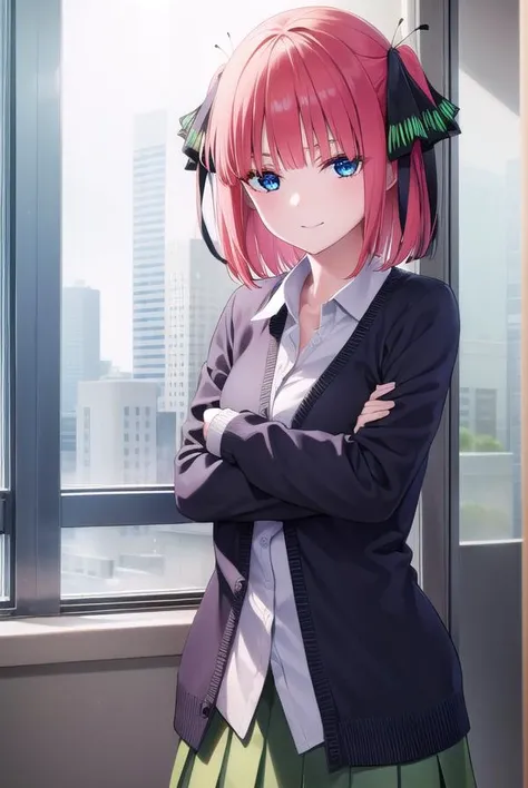 ninonakano, <lyco:ninonakano-lyco-nochekaiser:1>, 
nino nakano, short hair, bangs, blue eyes, hair ornament, hair ribbon, pink hair, blunt bangs, two side up, butterfly hair ornament, <lora:sensualface_type1:1>, smile,
BREAK skirt, shirt, long sleeves, white shirt, pleated skirt, open clothes, collared shirt, sleeves past wrists, dress shirt, cardigan, green skirt, open cardigan, black cardigan,
BREAK looking at viewer, 
BREAK indoors, classroom, school,
BREAK <lyco:GoodHands-beta2:1>, (masterpiece:1.2), best quality, high resolution, unity 8k wallpaper, (illustration:0.8), (beautiful detailed eyes:1.6), extremely detailed face, perfect lighting, extremely detailed CG, (perfect hands, perfect anatomy),