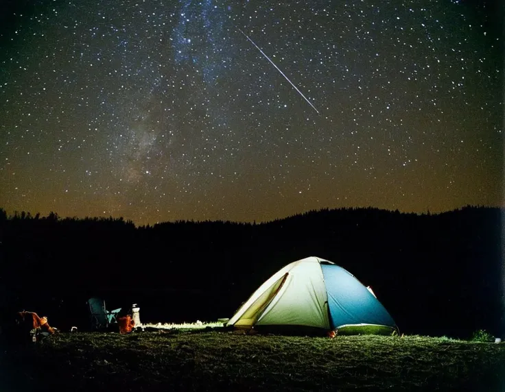 <lora:analogXLrelease:0.85> analog style at night a campsite under the stars