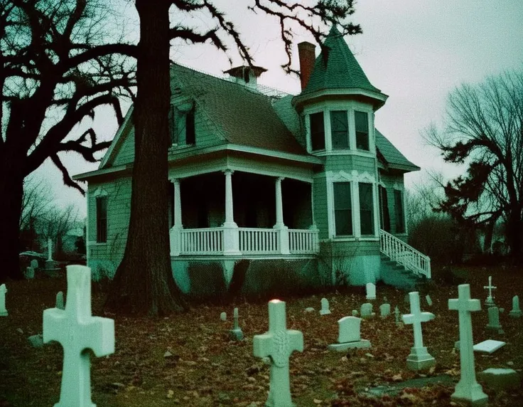 <lora:analogXLrelease:0.9> analog style spooky haunted house in a cemetery