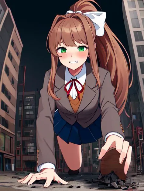 monika, bangs, very long hair, long hair, neck ribbon, ponytail, shirt, school uniform, hair bow, white bow, pleated skirt, brown hair, grey jacket, sidelocks, solo, blue skirt, 1girl, breasts, blazer, green eyes, medium breasts, long legs,
detailed eyes, deep eyes, beautiful green eyes, glowing green eyes, evil, evil grin, symmetrical eyes, sharp eyes, detailed eyes, symmetrical face, perfect arms, perfect hands, perfect face, perfect legs, <lora:Monika:0.6>,
blushing, horny, aroused, extremely detailed CG unity 8k wallpaper, best quality,32k,focus sharp,
night, night sky,
GTScity, 1girl, solo, (crawling over buildings, crawling:1.3), on all fours:1.5, looking down at viewer, in Tokyo, outdoors, detailed background, (fisheye:1.2), (perspective:1.3), full body, looming, low angle, from the ground, BREAK (16k, highres, high quality, masterpiece, ultra detailed, perfect lighting:1.1), <lora:GTSv5:1>, looking at viewer, destruction, rampage, debris, broken buildings, destroyed buildings, masterpiece, best quality, 1girl, solo, all fours, <lora:ThickerLines_RM-128_v1:0.3>