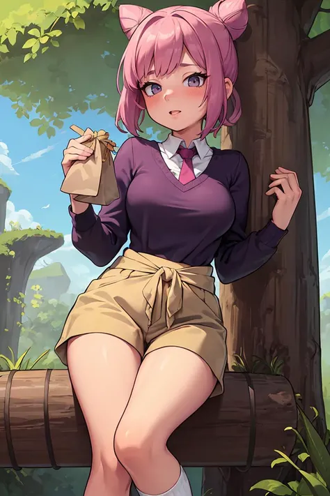 (masterpiece, best quality), 1girl, Periwinkle Messy Top Knot with Ribbon Tie, medium breasts, Mauve pink Long-sleeve top and Paperbag waist culottes, toe socks, Leaning against a tree, one foot against the trunk, looking serene and one with nature., <lora:ThickerLines_RM_v1:1>