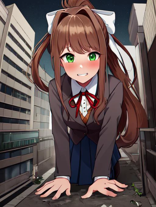 monika, bangs, very long hair, long hair, neck ribbon, ponytail, shirt, school uniform, hair bow, white bow, pleated skirt, brown hair, grey jacket, sidelocks, solo, blue skirt, 1girl, breasts, blazer, green eyes, medium breasts, long legs,
detailed eyes, deep eyes, beautiful green eyes, glowing green eyes:1.2, evil, evil grin, symmetrical eyes, sharp eyes, detailed eyes, symmetrical face, perfect arms, perfect hands, perfect face, perfect legs, <lora:Monika:0.6>,
blushing, horny, aroused, extremely detailed CG unity 8k wallpaper, best quality,32k,focus sharp,
night, night sky,
GTScity, 1girl, solo, (crawling over buildings, crawling:1.3), on all fours:1.5, looking down at viewer, in Tokyo, outdoors, detailed background, (fisheye:1.2), (perspective:1.3), full body, looming, low angle, from the ground, BREAK (16k, highres, high quality, masterpiece, ultra detailed, perfect lighting:1.1), <lora:GTSv5:1>, looking at viewer, destruction, rampage, debris, broken buildings, destroyed buildings, masterpiece, best quality, 1girl, solo, all fours, <lora:ThickerLines_RM-128_v1:0.3>