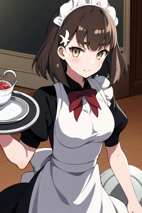 hajime, 1girl, maid uniform, frills, mansion, tray, short hair, brown hair, hair ornament,