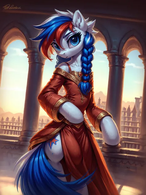 score_9, score_8_up, score_7_up, semi-realistic,<lora:MarussiaBetter_safetensors:1> marussia,blue eyes,  (anthro), emperor dress, emperor standing in the palace gardens, 1girl, pony snout