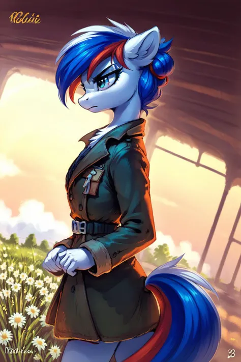 score_9, score_8_up, score_7_up, pony anthro mare,marussia, flower, (detective, comic cover, dutch angle), glaring, shadow, high contrast, skinny, formal, upper body, looking away, leaning, pose, body, trench coat, from side, <lora:MarussiaBetter_safetensors:1>, white fur, solo