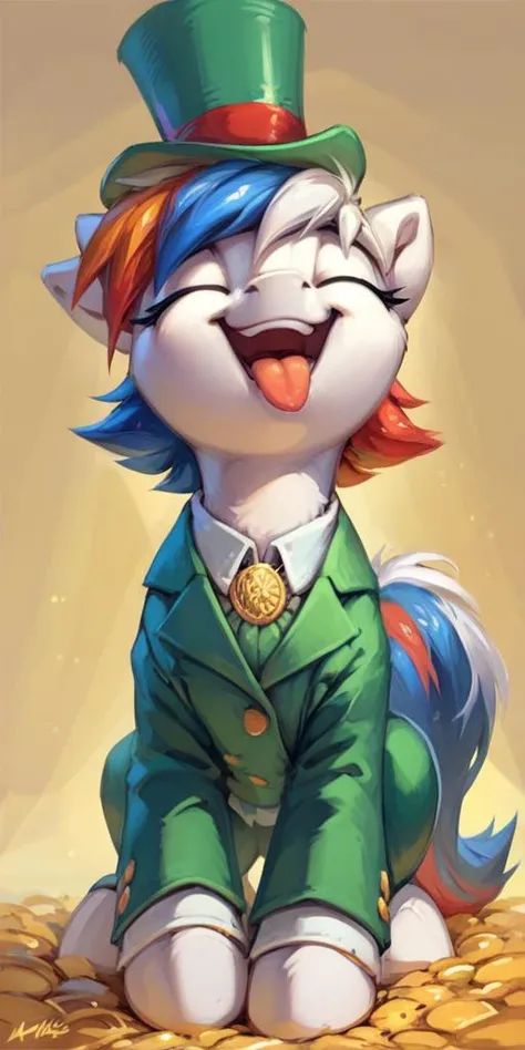 score_9, score_8_up, score_7_up, close up, marussia multicolored hair white fur blue eye, happy, energetic, green top-hat, short hair, eyes closed, mouth open, tongue out, fair, green suit, kneeling, showered with gold coins, gold coins on face, sfw, <lora:marussiaNNEW:1>, pony