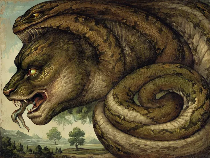 ((score_9), score_8_up),source_furry,rating_questionable,<lora:TemperaPonyXL:0.8>,sharp details,detailed crease,deep crease,((serpent,snake)),Tree of Life,Landscape,scenery,forest,apples,demon,seraphim,