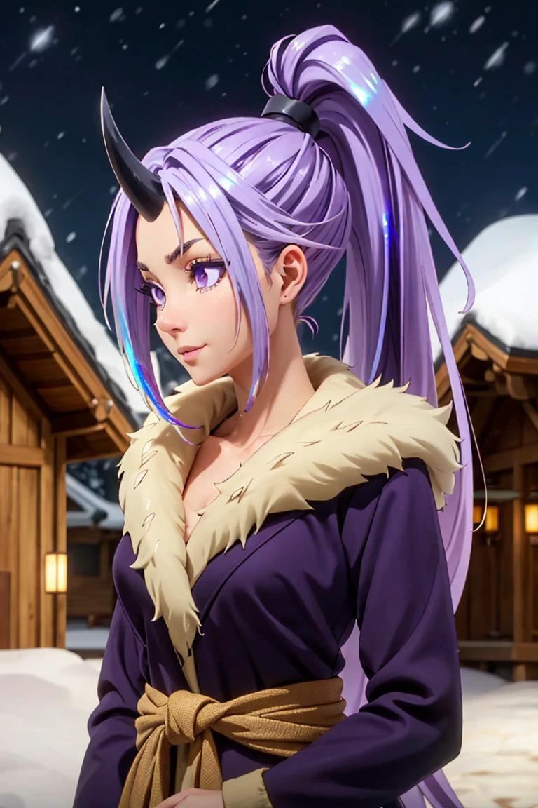 Hyperrealistic, Masterpiece, Volumetric Lighting, Subsurface Scattering, Photorealistic, best quality, intricate details, tonemapping, sharp focus, hyper detailed, absurdres, highres, Ethereal beauty, solo, woman, <lora:Shion:0.8> , purple hair, ponytail, (beautiful iridescent purple eyes:1.6), purple suit, purple pants, horn, head down, torii, BREAK, otherworldly hues, intricate costumes, fantastical creatures, magical props, lavish details, sweeping vistas, embellished Japanese architecture, surreal lighting, cinematic composition, BREAK, looking at viewer, BREAK, winter, (snowing:1.3), snowflakes, cold, freezing, stars, (night sky:1.3), snowy road, smile, BREAK, , extremely detailed face, (Perfect Anatomy, perfect hands), Unreal Engine 5, Hyper realism, Hyperdetailed, Vibrant otherworldy Colors, Raytraced, Dynamic Lights and Shadows, Depth, Masterpiece, Award Winning, Intricate Detail, Design, 8k, Wide Angle Shot,