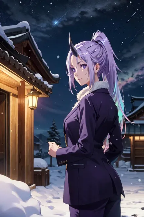 Hyperrealistic, Masterpiece, Volumetric Lighting, Subsurface Scattering, Photorealistic, best quality, intricate details, tonemapping, sharp focus, hyper detailed, absurdres, highres, Ethereal beauty, solo, woman, <lora:Shion:0.8> , purple hair, ponytail, (beautiful iridescent purple eyes:1.6), purple suit, purple pants, horn, head down, torii,   BREAK,  otherworldly hues, intricate costumes, fantastical creatures, magical props, lavish details, sweeping vistas, embellished Japanese architecture, surreal lighting, cinematic composition, BREAK, looking at viewer, BREAK,  winter, (snowing:1.3), snowflakes, cold, freezing, stars, (night sky:1.3), snowy road, smile, BREAK, , extremely detailed face, (Perfect Anatomy, perfect hands), Unreal Engine 5, Hyper realism, Hyperdetailed, Vibrant otherworldy Colors, Raytraced, Dynamic Lights and Shadows, Depth, Masterpiece, Award Winning, Intricate Detail, Design, 8k, Wide Angle Shot,