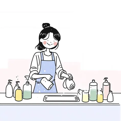 XGLQstyle, 1girl, happy smile, wash the dishes, home