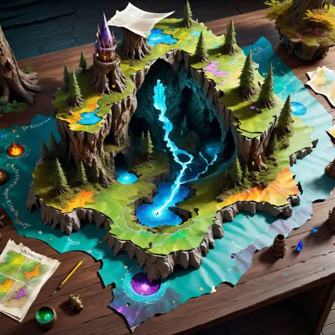 <lora:Magical_Parchment_v2:0.8>,top view of forest,cave,well,monster,knight,wizard,spring,mountain, (3 dimensional),torn and worn,map looks to be floating off the paper,sitting on a desk,magical multicolored ink,high quality,imagination,8k,fantasy art,vivid magical colors,style-paintmagic,, (masterpiece, best quality, high quality, highres, ultra-detailed),