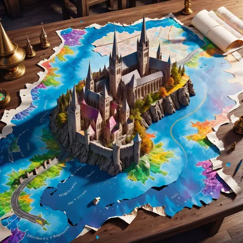 <lora:Magical_Parchment_v2:0.8>,top view of city,street,castle,church,river,mountain,(3 dimensional),torn and worn,map looks to be floating off the paper,sitting on a desk,magical multicolored ink,high quality,imagination,8k,fantasy art,vivid magical colors,style-paintmagic,, (masterpiece, best quality, high quality, highres, ultra-detailed),