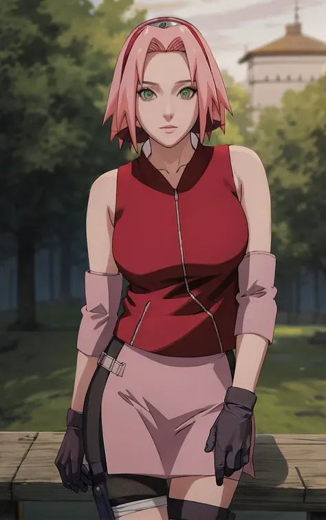 NARUTO_Sakura_Combat_ownwaifu,
1girl, haruno sakura, short hair, pink hair, green eyes, hair intakes, collarbone, forehead protector, headband, red hairband, konohagakure symbol,
bare shoulders, bandages, sleeveless jacket, red jacket, bike shorts, black shorts, leg wrap, bandaged leg, elbow pads, zipper,
<lora:NARUTO_SakuraHaruno_ownwaifu:0.9> ,
((masterpiece)),((best quality)),(highres, absurdres), original, bokeh, depth_of_field, scenery, spotlight, focused, looking at viewer, solo, cowboy shot,