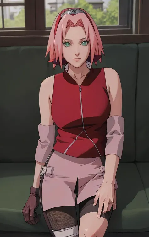 NARUTO_Sakura_Combat_ownwaifu,
1girl, haruno sakura, short hair, pink hair, green eyes, hair intakes, collarbone, forehead protector, headband, red hairband, konohagakure symbol,
bare shoulders, bandages, sleeveless jacket, red jacket, bike shorts, black shorts, leg wrap, bandaged leg, elbow pads, zipper,
<lora:NARUTO_SakuraHaruno_ownwaifu:1> ,
((masterpiece)),((best quality)),(highres, absurdres), original, official_art, bokeh, depth_of_field, wisteria, loaded_interior, potted_plant, window_shade, indoors, spotlight, day, focused, looking at viewer, solo, cowboy shot, `