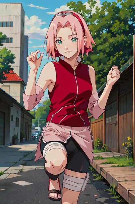 smile, fighting stance, hands up, outdoors, knee up, standing on one leg, <lora:NARUTO_SakuraHaruno_ownwaifu:0.7> NARUTO_Sakura_Combat_ownwaifu, 1girl, haruno sakura, short hair, pink hair, green eyes, hair intakes, collarbone, forehead protector, headband, red hairband, konohagakure symbol, bare shoulders, bandages, sleeveless jacket, red jacket, bike shorts, black shorts, leg wrap, bandaged leg, elbow pads, zipper,, absurdres, ultra detailed, masterpiece, best quality, aesthetic, detailed,