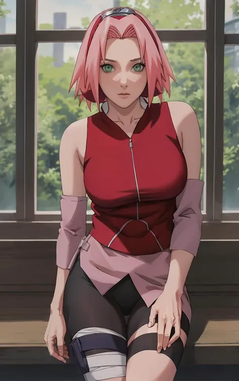 NARUTO_Sakura_Combat_ownwaifu,
1girl, haruno sakura, short hair, pink hair, green eyes, hair intakes, collarbone, forehead protector, headband, red hairband, konohagakure symbol,
bare shoulders, bandages, sleeveless jacket, red jacket, bike shorts, black shorts, leg wrap, bandaged leg, elbow pads, zipper,
<lora:NARUTO_SakuraHaruno_ownwaifu:0.9> ,
((masterpiece)),((best quality)),(highres, absurdres), original, official_art, bokeh, depth_of_field, wisteria, loaded_interior, potted_plant, window_shade, indoors, spotlight, day, focused, looking at viewer, solo, cowboy shot, `