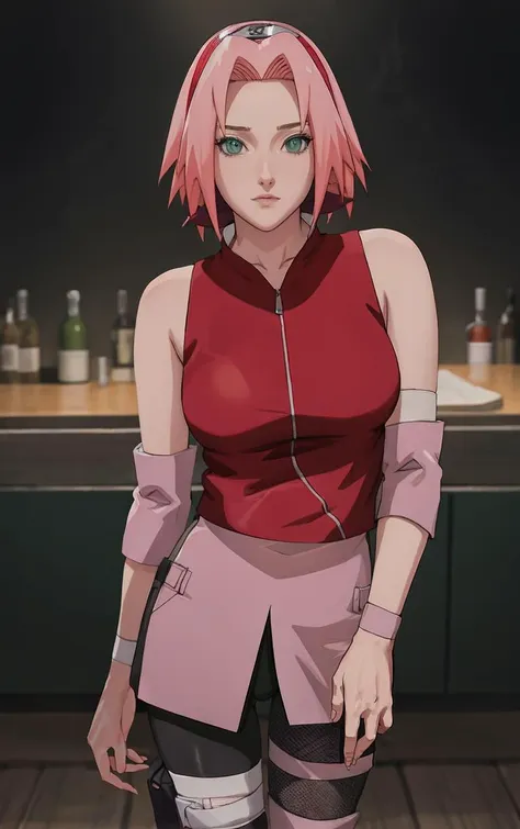 NARUTO_Sakura_Combat_ownwaifu,
1girl, haruno sakura, short hair, pink hair, green eyes, hair intakes, collarbone, forehead protector, headband, red hairband, konohagakure symbol,
bare shoulders, bandages, sleeveless jacket, red jacket, bike shorts, black shorts, leg wrap, bandaged leg, elbow pads, zipper, 
<lora:NARUTO_SakuraHaruno_ownwaifu:0.9> ,
((masterpiece)),((best quality)),(highres, absurdres), original, bokeh, depth_of_field, loaded_interior, scenery, spotlight, focused, looking at viewer, solo, cowboy shot,