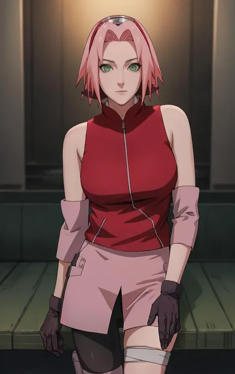 NARUTO_Sakura_Combat_ownwaifu,
1girl, haruno sakura, short hair, pink hair, green eyes, hair intakes, collarbone, forehead protector, headband, red hairband, konohagakure symbol,
bare shoulders, bandages, sleeveless jacket, red jacket, bike shorts, black shorts, leg wrap, bandaged leg, elbow pads, zipper,
<lora:NARUTO_SakuraHaruno_ownwaifu:0.8> ,
((masterpiece)),((best quality)),(highres, absurdres), original, bokeh, depth_of_field, loaded_interior, scenery, spotlight, focused, looking at viewer, solo, cowboy shot,