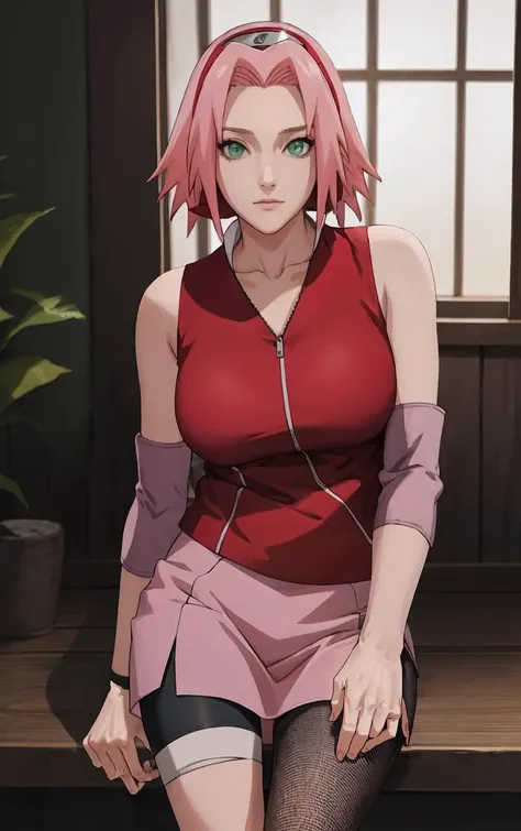 NARUTO_Sakura_Combat_ownwaifu,
1girl, haruno sakura, short hair, pink hair, green eyes, hair intakes, collarbone, forehead protector, headband, red hairband, konohagakure symbol,
bare shoulders, bandages, sleeveless jacket, red jacket, bike shorts, black shorts, leg wrap, bandaged leg, elbow pads, zipper, 
<lora:NARUTO_SakuraHaruno_ownwaifu:0.7> ,
((masterpiece)),((best quality)),(highres, absurdres), original, official_art, bokeh, depth_of_field, wisteria, loaded_interior, potted_plant, window_shade, indoors, spotlight, day, focused, looking at viewer, solo, cowboy shot, `