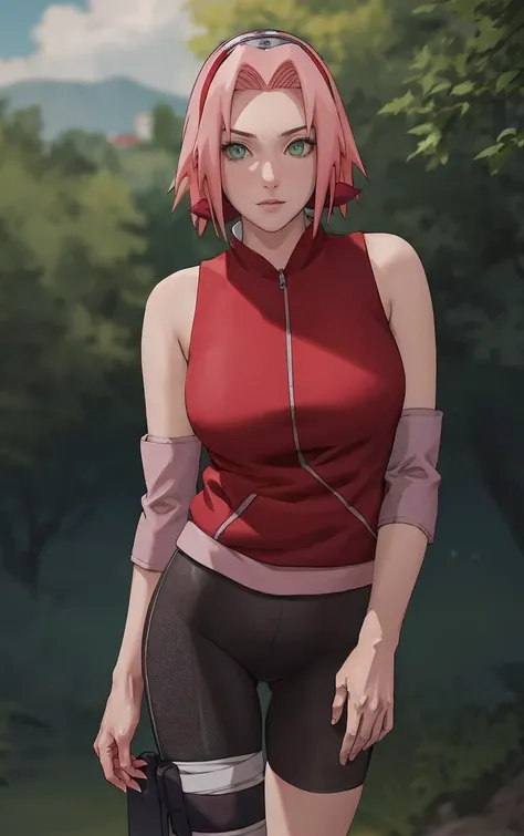 NARUTO_Sakura_Combat_ownwaifu,
1girl, haruno sakura, short hair, pink hair, green eyes, hair intakes, collarbone, forehead protector, headband, red hairband, konohagakure symbol,
bare shoulders, bandages, sleeveless jacket, red jacket, bike shorts, black shorts, leg wrap, bandaged leg, elbow pads, zipper, 
<lora:NARUTO_SakuraHaruno_ownwaifu:0.8> ,
((masterpiece)),((best quality)),(highres, absurdres), original, bokeh, depth_of_field, scenery, spotlight, focused, looking at viewer, solo, cowboy shot,