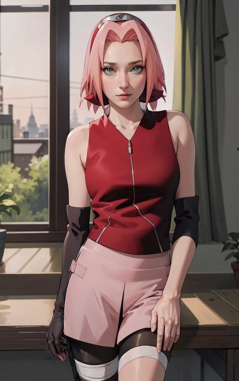 NARUTO_Sakura_Combat_ownwaifu,
1girl, haruno sakura, short hair, pink hair, green eyes, hair intakes, collarbone, forehead protector, headband, red hairband, konohagakure symbol,
bare shoulders, bandages, sleeveless, sleeveless shirt, sleeveless jacket, red shirt, red jacket, bike shorts, black shorts, leg wrap, bandaged leg, elbow pads, zipper, zipper pull tab,
<lora:NARUTO_SakuraHaruno_ownwaifu:0.9> ,
((masterpiece)),((best quality)),(highres, absurdres), original, official_art, chromatic_aberration, bokeh, depth_of_field, window, wisteria, loaded_interior, skylight, sunset, sunbeam, indoors, window_shade, window_blinds, curtains, potted_plant, focused, looking at viewer, solo, cowboy shot,