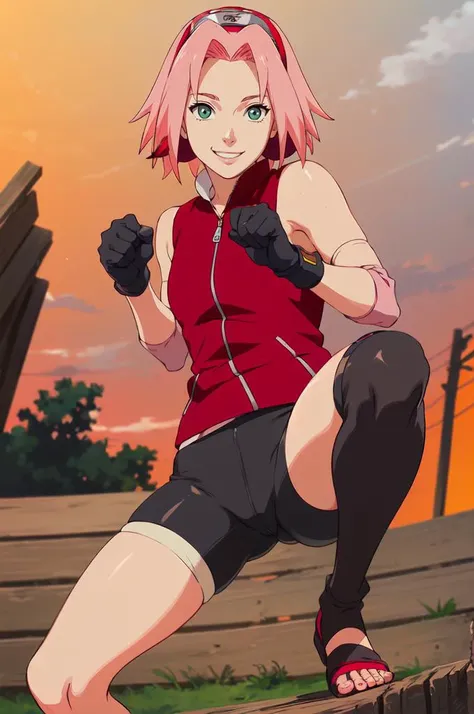 smile, fighting stance, hands up, outdoors, knee up, standing on one leg,   <lora:NARUTO_SakuraHaruno_ownwaifu:0.7> NARUTO_Sakura_Combat_ownwaifu, 1girl, haruno sakura, short hair, pink hair, green eyes, hair intakes, collarbone, forehead protector, headband, red hairband, konohagakure symbol, bare shoulders, bandages, sleeveless jacket, red jacket, bike shorts, black shorts, leg wrap, bandaged leg, elbow pads, zipper,  <lora:Feguimel [MockAi - v1.0]:0.8> feguimel, soft shading, realistic proportions,, absurdres, ultra detailed, masterpiece, best quality, aesthetic, detailed,