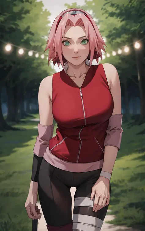 NARUTO_Sakura_Combat_ownwaifu,
1girl, haruno sakura, short hair, pink hair, green eyes, hair intakes, collarbone, forehead protector, headband, red hairband, konohagakure symbol,
bare shoulders, bandages, sleeveless jacket, red jacket, bike shorts, black shorts, leg wrap, bandaged leg, elbow pads, zipper, 
<lora:NARUTO_SakuraHaruno_ownwaifu:0.7> ,
((masterpiece)),((best quality)),(highres, absurdres), original, bokeh, depth_of_field, scenery, spotlight, focused, looking at viewer, solo, cowboy shot,