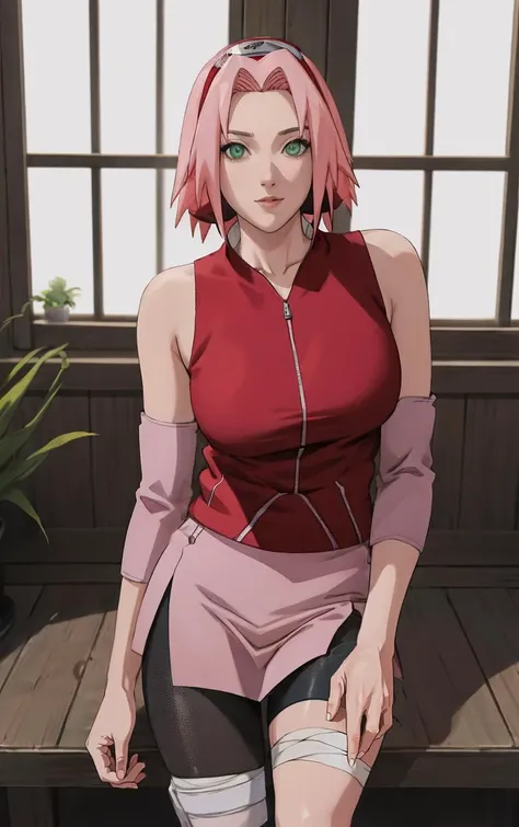NARUTO_Sakura_Combat_ownwaifu,
1girl, haruno sakura, short hair, pink hair, green eyes, hair intakes, collarbone, forehead protector, headband, red hairband, konohagakure symbol,
bare shoulders, bandages, sleeveless jacket, red jacket, bike shorts, black shorts, leg wrap, bandaged leg, elbow pads, zipper,
<lora:NARUTO_SakuraHaruno_ownwaifu:0.8> ,
((masterpiece)),((best quality)),(highres, absurdres), original, official_art, bokeh, depth_of_field, wisteria, loaded_interior, potted_plant, window_shade, indoors, spotlight, day, focused, looking at viewer, solo, cowboy shot, `