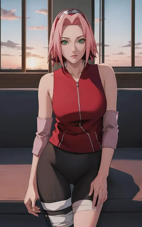 NARUTO_Sakura_Combat_ownwaifu,
1girl, haruno sakura, short hair, pink hair, green eyes, hair intakes, collarbone, forehead protector, headband, red hairband, konohagakure symbol,
bare shoulders, bandages, sleeveless jacket, red jacket, bike shorts, black shorts, leg wrap, bandaged leg, elbow pads, zipper, zipper pull tab,
<lora:NARUTO_SakuraHaruno_ownwaifu:0.9> ,
((masterpiece)),((best quality)),(highres, absurdres), original, official_art, chromatic_aberration, bokeh, depth_of_field, window, wisteria, loaded_interior, skylight,  sunset, sunbeam, indoors, window_shade, window_blinds, curtains, potted_plant, focused, looking at viewer, solo, cowboy shot,