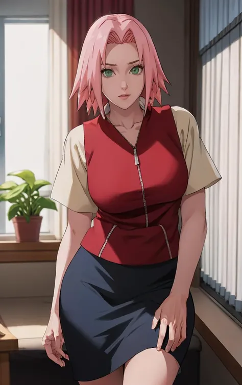 NARUTO_Sakura_Casual_ownwaifu,
1girl, haruno sakura, short hair, pink hair, green eyes, parted bangs, hair intakes, flat chest, collarbone,
short sleeves, sleeveless jacket, red vest,  vest, red shirt, blue skirt, pencil skirt, zipper, zipper pull tab,
<lora:NARUTO_SakuraHaruno_ownwaifu:0.7> ,
((masterpiece)),((best quality)),(highres, absurdres), original, official_art, chromatic_aberration, bokeh, depth_of_field, window, wisteria, loaded_interior, dappled sunlight, sunset, sunbeam, indoors, window_shade, window_blinds, curtains, potted_plant, focused, looking at viewer, solo, cowboy shot,