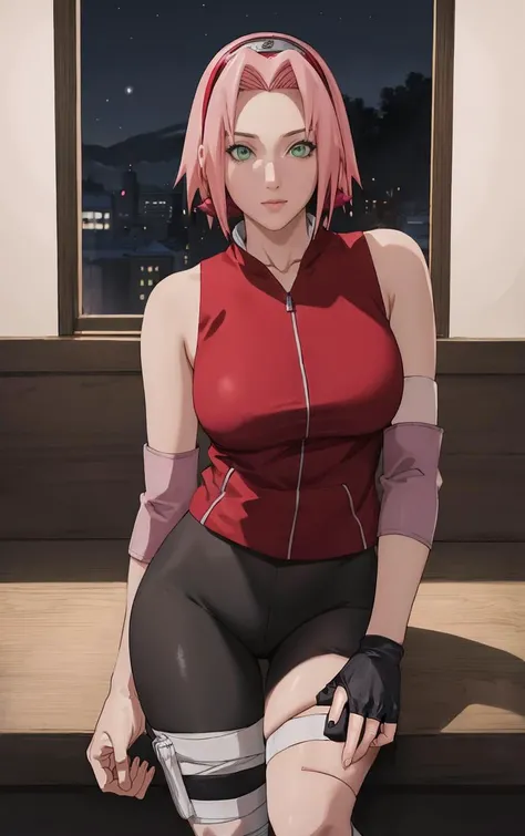 NARUTO_Sakura_Combat_ownwaifu,
1girl, haruno sakura, short hair, pink hair, green eyes, hair intakes, collarbone, forehead protector, headband, red hairband, konohagakure symbol,
bare shoulders, bandages, sleeveless jacket, red jacket, bike shorts, black shorts, leg wrap, bandaged leg, elbow pads, zipper,
<lora:NARUTO_SakuraHaruno_ownwaifu:0.7> ,
((masterpiece)),((best quality)),(highres, absurdres), original, official_art, bokeh, depth_of_field, wisteria, loaded_interior, potted_plant, window_shade, indoors, spotlight, night, focused, looking at viewer, solo, cowboy shot,