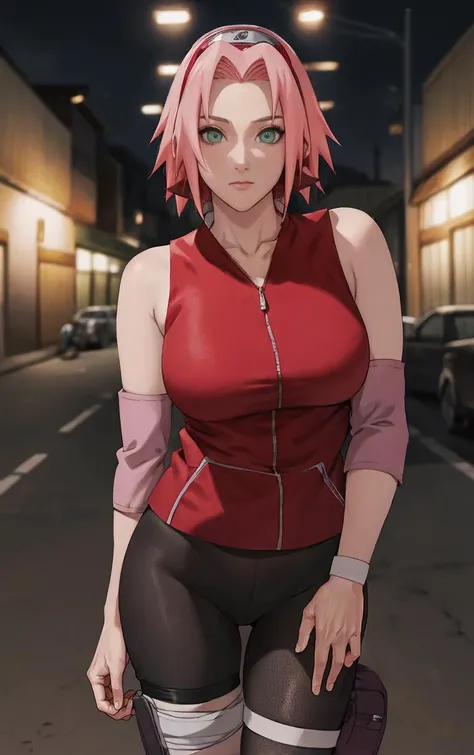 NARUTO_Sakura_Combat_ownwaifu,
1girl, haruno sakura, short hair, pink hair, green eyes, hair intakes, collarbone, forehead protector, headband, red hairband, konohagakure symbol,
bare shoulders, bandages, sleeveless jacket, red jacket, bike shorts, black shorts, leg wrap, bandaged leg, elbow pads, zipper, 
<lora:NARUTO_SakuraHaruno_ownwaifu:0.7> ,
((masterpiece)),((best quality)),(highres, absurdres), original, bokeh, depth_of_field, loaded_interior, scenery, spotlight, focused, looking at viewer, solo, cowboy shot,