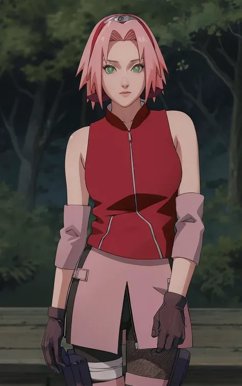 NARUTO_Sakura_Combat_ownwaifu,
1girl, haruno sakura, short hair, pink hair, green eyes, hair intakes, collarbone, forehead protector, headband, red hairband, konohagakure symbol,
bare shoulders, bandages, sleeveless jacket, red jacket, bike shorts, black shorts, leg wrap, bandaged leg, elbow pads, zipper,
<lora:NARUTO_SakuraHaruno_ownwaifu:1> ,
((masterpiece)),((best quality)),(highres, absurdres), original, bokeh, depth_of_field, scenery, spotlight, focused, looking at viewer, solo, cowboy shot,