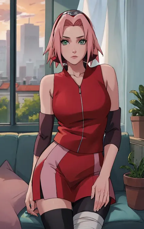 NARUTO_Sakura_Combat_ownwaifu,
1girl, haruno sakura, short hair, pink hair, green eyes, hair intakes, collarbone, forehead protector, headband, red hairband, konohagakure symbol,
bare shoulders, bandages, sleeveless, sleeveless shirt, sleeveless jacket, red shirt, red jacket, bike shorts, black shorts, leg wrap, bandaged leg, elbow pads, zipper, zipper pull tab,
<lora:NARUTO_SakuraHaruno_ownwaifu:0.7> ,
((masterpiece)),((best quality)),(highres, absurdres), original, official_art, chromatic_aberration, bokeh, depth_of_field, window, wisteria, loaded_interior, skylight, sunset, sunbeam, indoors, window_shade, window_blinds, curtains, potted_plant, focused, looking at viewer, solo, cowboy shot,