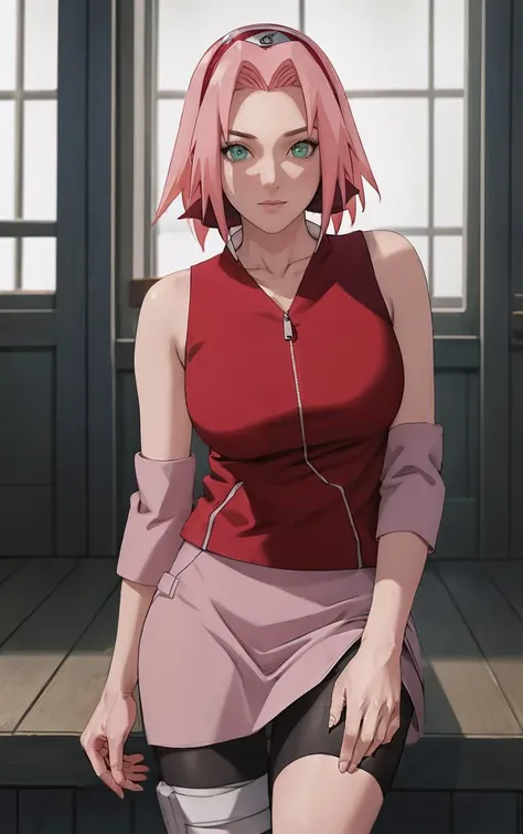 NARUTO_Sakura_Combat_ownwaifu,
1girl, haruno sakura, short hair, pink hair, green eyes, hair intakes, collarbone, forehead protector, headband, red hairband, konohagakure symbol,
bare shoulders, bandages, sleeveless jacket, red jacket, bike shorts, black shorts, leg wrap, bandaged leg, elbow pads, zipper, zipper pull tab,
<lora:NARUTO_SakuraHaruno_ownwaifu:0.8> ,
((masterpiece)),((best quality)),(highres, absurdres), original, official_art, chromatic_aberration, bokeh, depth_of_field, window, wisteria, loaded_interior, skylight, sunset, sunbeam, indoors, window_shade, window_blinds, curtains, potted_plant, focused, looking at viewer, solo, cowboy shot,
