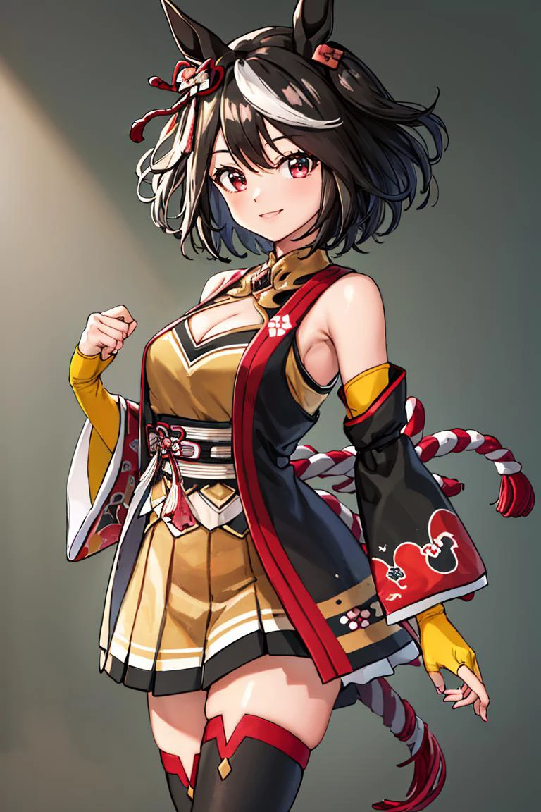 <lora:Toriyama_Akira_Style:0.8>,((masterpiece,best quality)), absurdres, <lora:Kitasan_Black_Umamusume:0.8>, Kitasan_Black_Umamusume, animal ears, short hair, streaked hair, hair ornament, medium breasts, horse tail, cleavage, clothing cutout, detached sleeves, shimenawa, skirt, black thighhighs, solo, smiling, looking at viewer, cowboy shot,