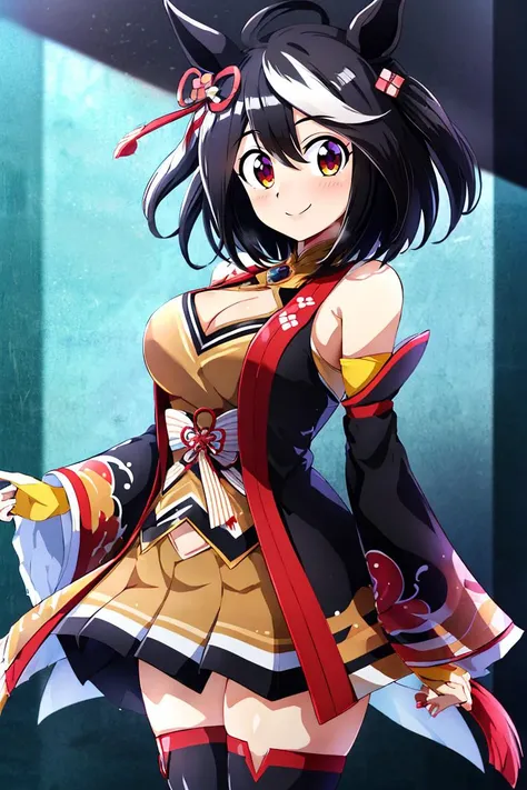 <lora:Konpeto_Style_Dim32:0.8>,((masterpiece,best quality)), absurdres, <lora:Kitasan_Black_Umamusume:0.8>, Kitasan_Black_Umamusume, animal ears, short hair, streaked hair, hair ornament, medium breasts, horse tail, cleavage, clothing cutout, detached sleeves, shimenawa, skirt, black thighhighs, solo, smiling, looking at viewer, cowboy shot,