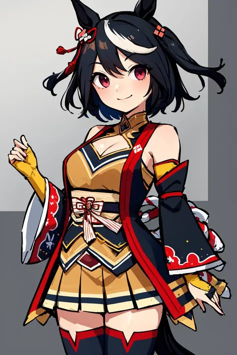<lora:Style_of_the_Winds:0.8>,((masterpiece,best quality)), absurdres, <lora:Kitasan_Black_Umamusume:0.8>, Kitasan_Black_Umamusume, animal ears, short hair, streaked hair, hair ornament, medium breasts, horse tail, cleavage, clothing cutout, detached sleeves, shimenawa, skirt, black thighhighs, solo, smiling, looking at viewer, cowboy shot,