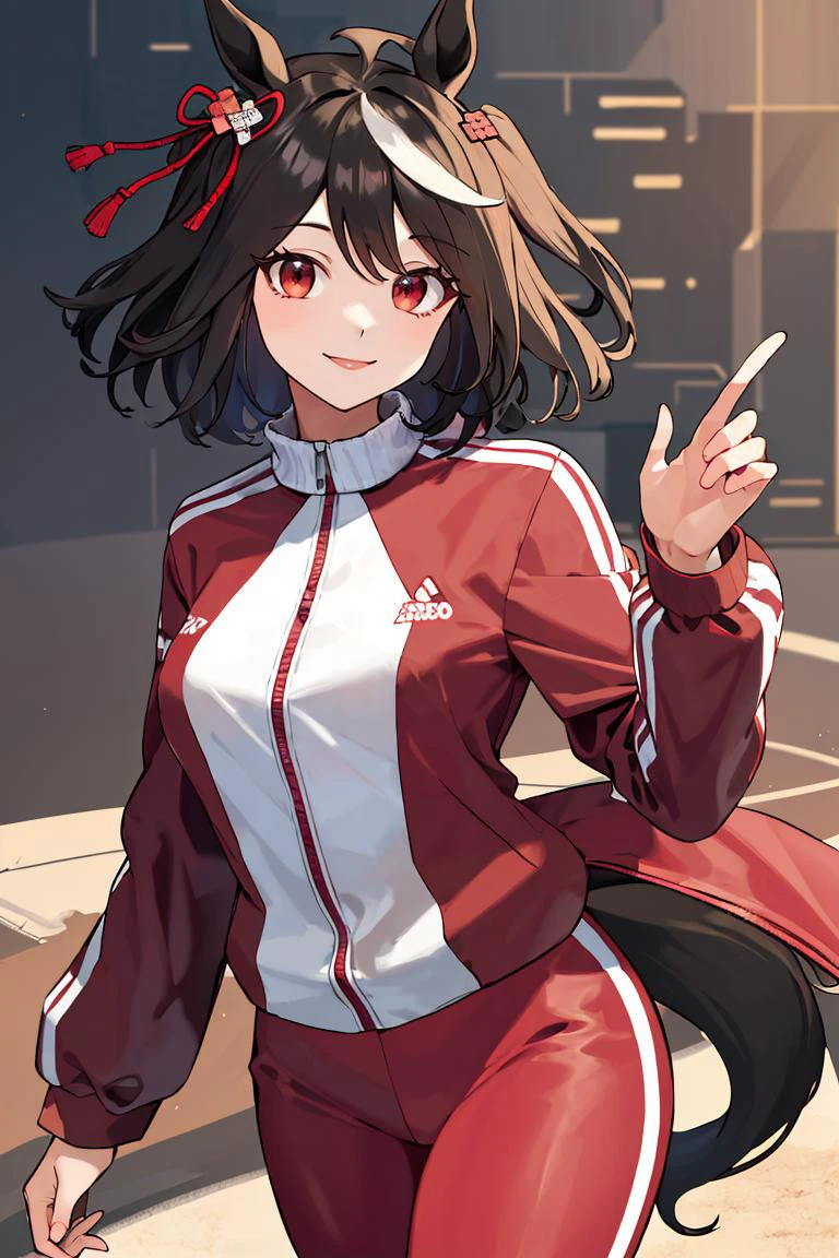 <lora:Sugimori_Ken_Style_v2:0.8>,((masterpiece,best quality)), absurdres, <lora:Kitasan_Black_Umamusume:0.8>, Kitasan_Black_Umamusume, animal ears, short hair, streaked hair, hair ornament, horse tail, tracen training uniform, red jacket, track jacket, long sleeves, red pants, solo, smiling, looking at viewer, cowboy shot,