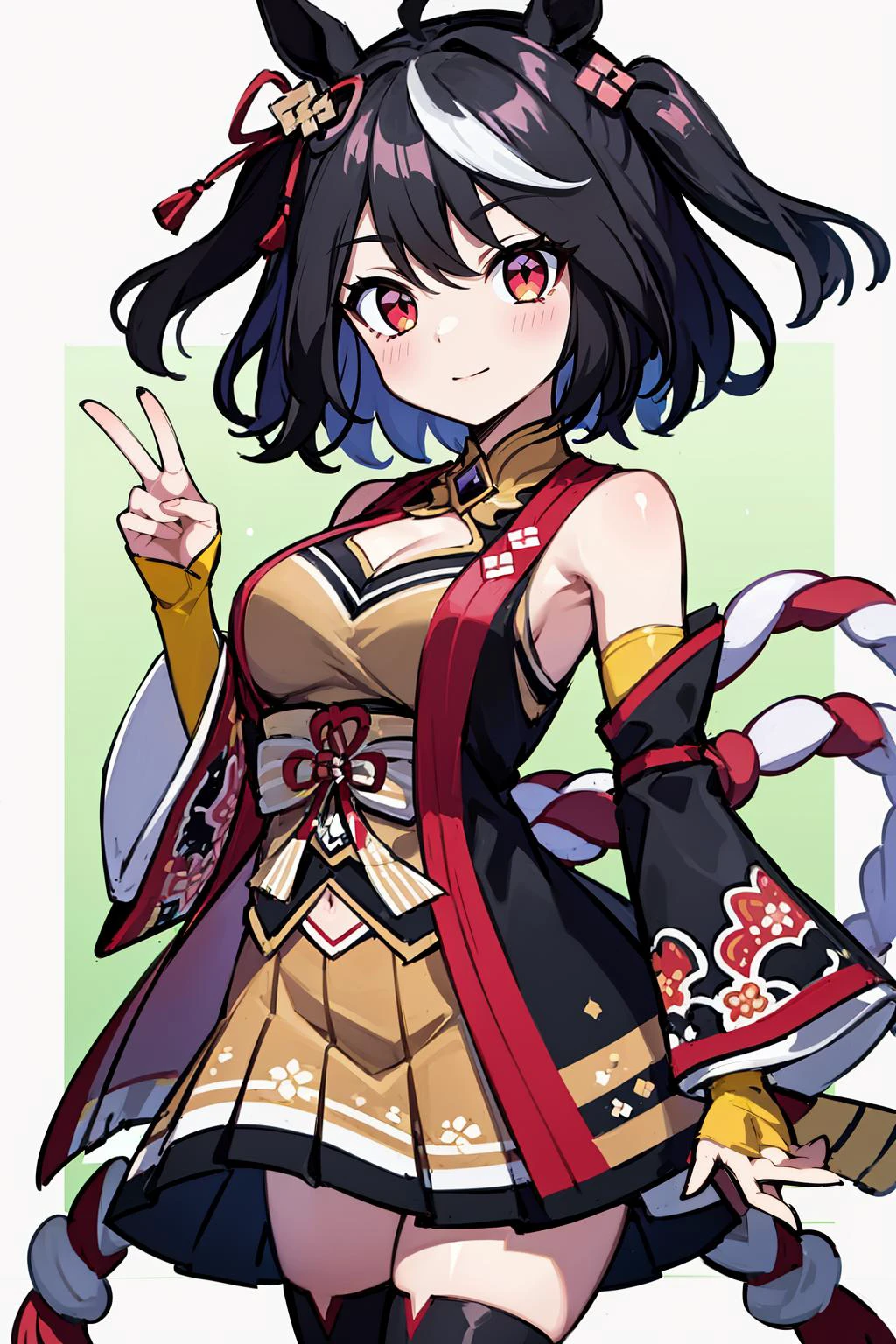 masterpiece, best quality, 8K RAW photo, film grain, abstract, <lora:Kitasan_Black_Umamusume:.8> Kitasan_Black_Umamusume, animal ears, short hair, streaked hair, hair ornament, medium breasts, horse tail, cleavage, clothing cutout, detached sleeves, shimenawa, skirt, black thighhighs,