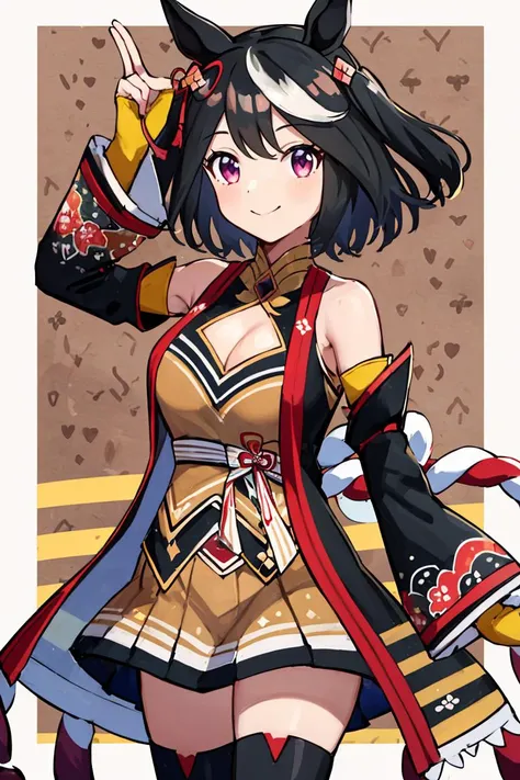 <lora:Gamma:0.8>,((masterpiece,best quality)), absurdres, <lora:Kitasan_Black_Umamusume:0.8>, Kitasan_Black_Umamusume, animal ears, short hair, streaked hair, hair ornament, medium breasts, horse tail, cleavage, clothing cutout, detached sleeves, shimenawa, skirt, black thighhighs, solo, smiling, looking at viewer, cowboy shot,
